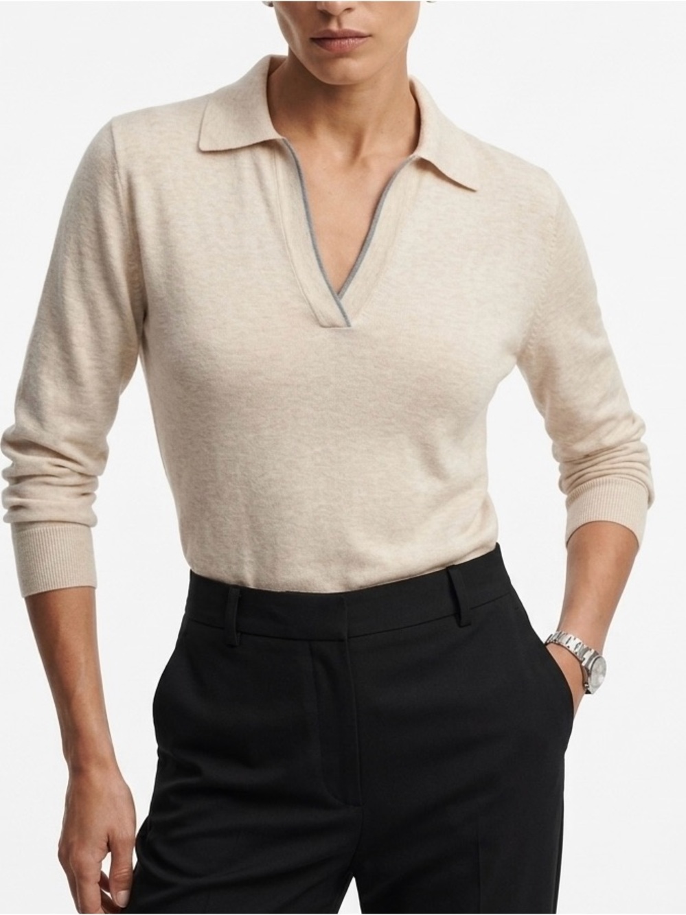 LILLA P Ivory Split Neck Polo Sweater - Coastal Grandma Chic S